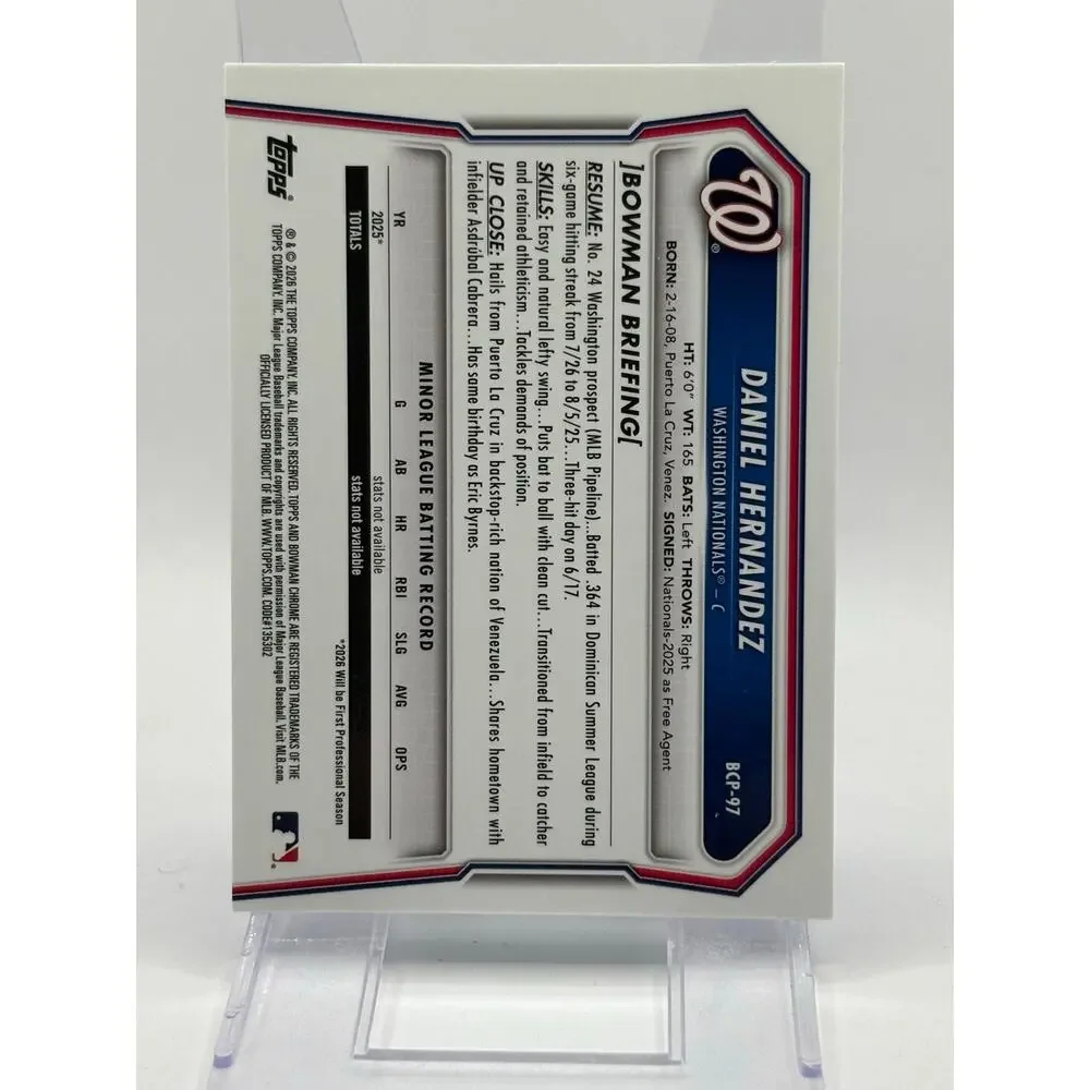 2026 Bowman Sapphire Daniel Hernandez 1st Chrome Prospect Washington Nationals